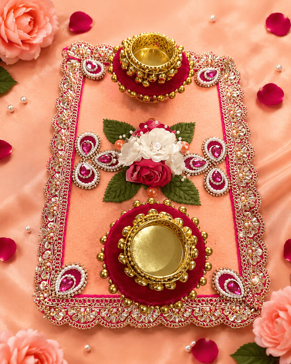 Handmade Velvet Puja Chowki with Diya Holders