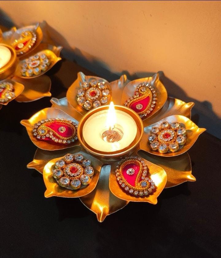 Handcrafted Lotus Diya Tea Light Holder with Decorative Kundan Petals – Festive Home Décor